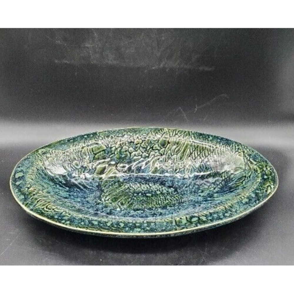 Bantam Tileworks Studio Art Pottery Green Textured Oval Centerpiece Bowl 13.75"‎